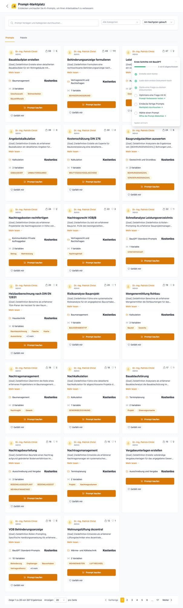 Prompt-Marktplatz mit Bau-Vorlagen