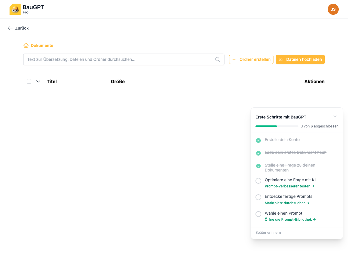 Dokumente verwalten in BauGPT Pro